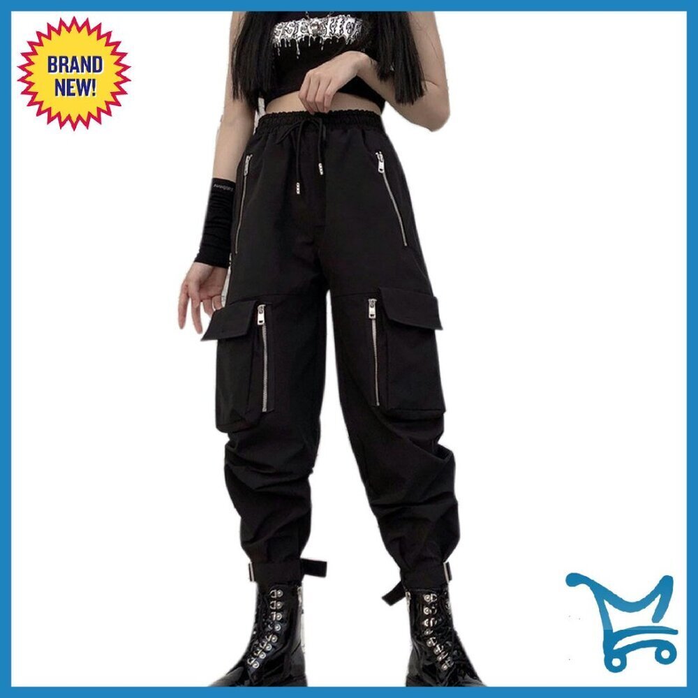 Loose Cargo Pants with Chains, Multi-Pocket Zip Design, Punk Style